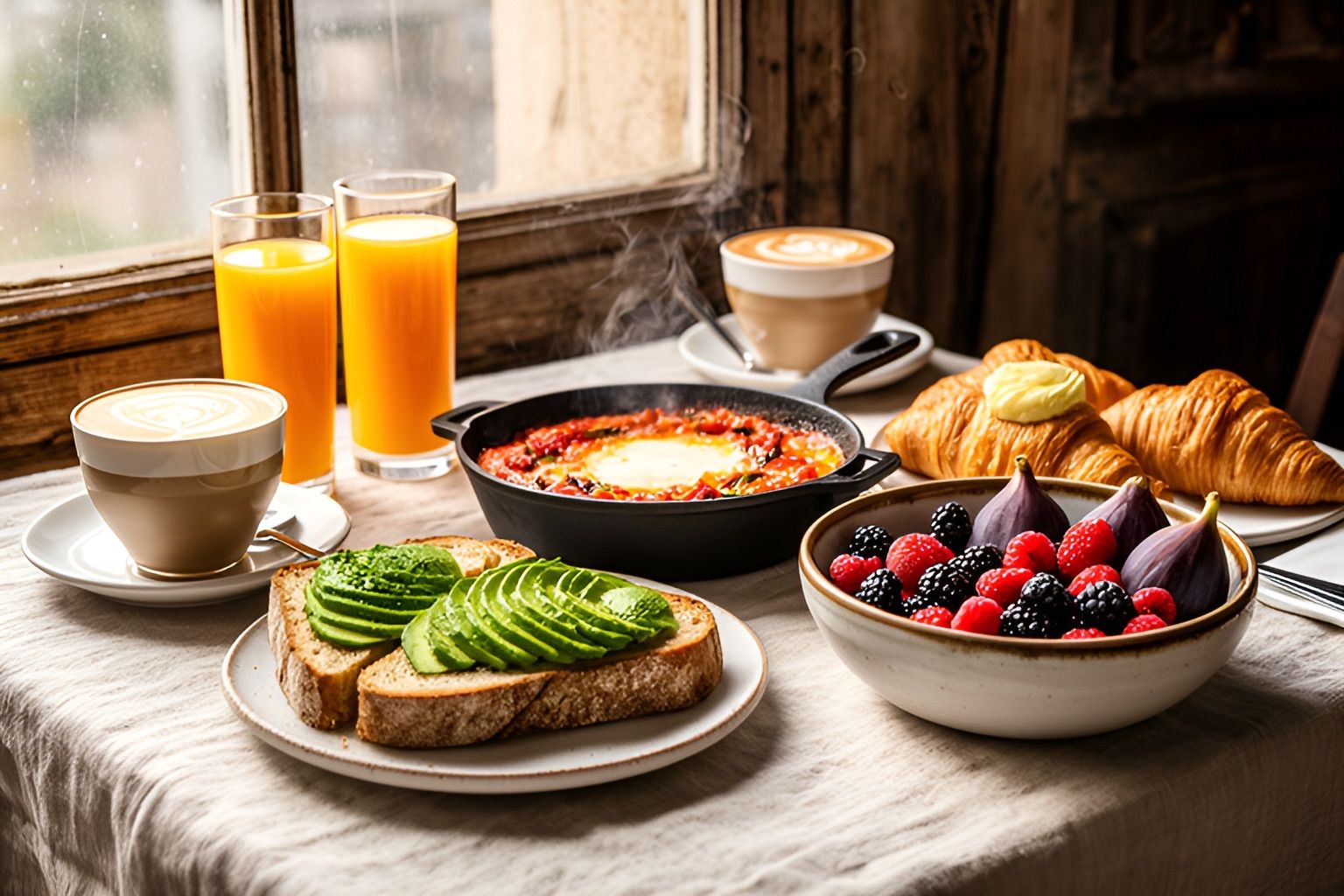 A brunch table by a sunny window: shakshuka, avocado toast, croissants, berries, orange juice and cappuccinos