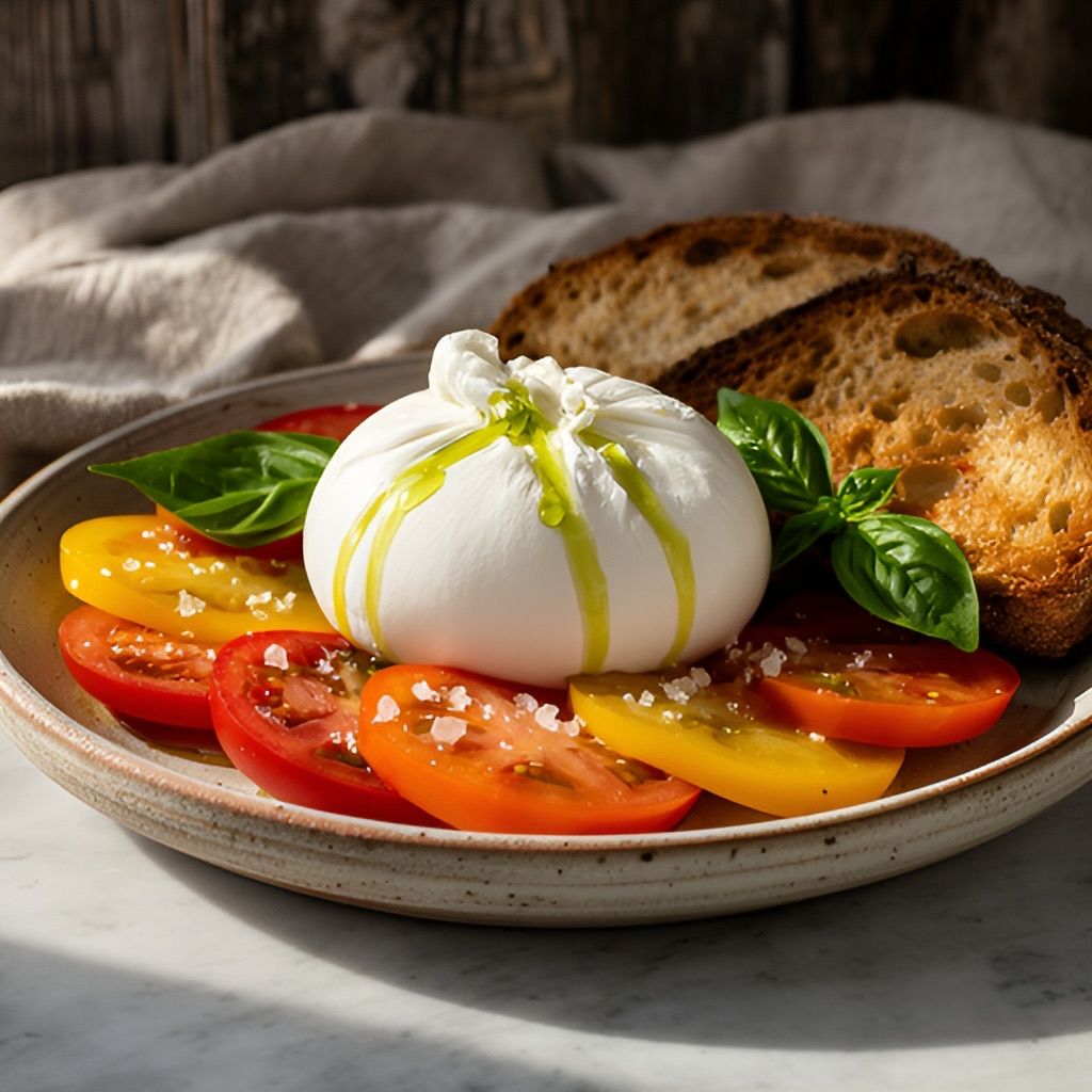 Burrata on sliced tomatoes with basil, olive oil and toasted sourdough