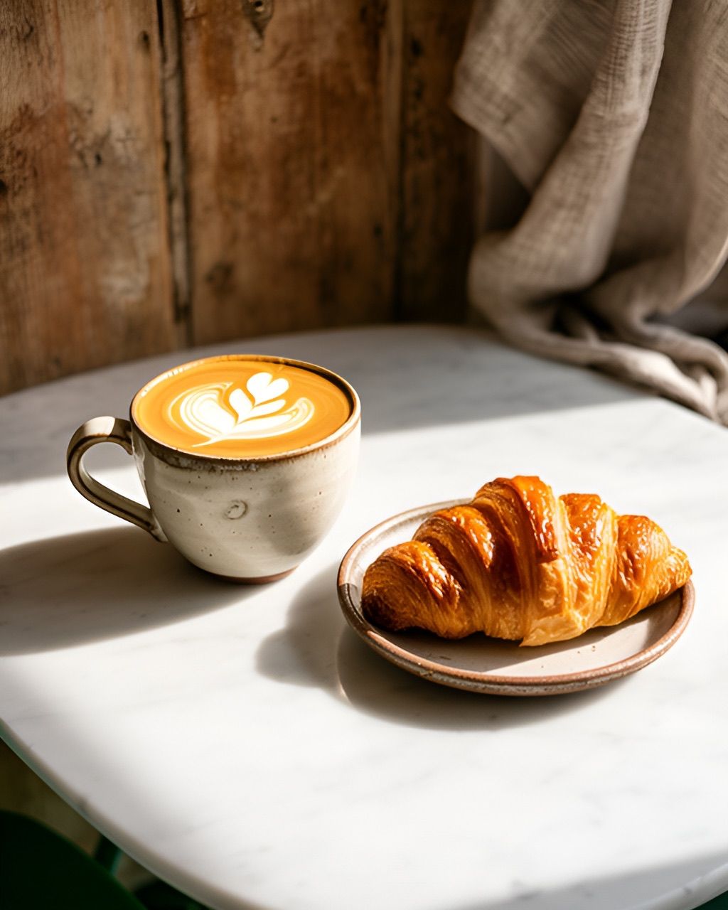 A flat white with latte art and a croissant on a marble café table