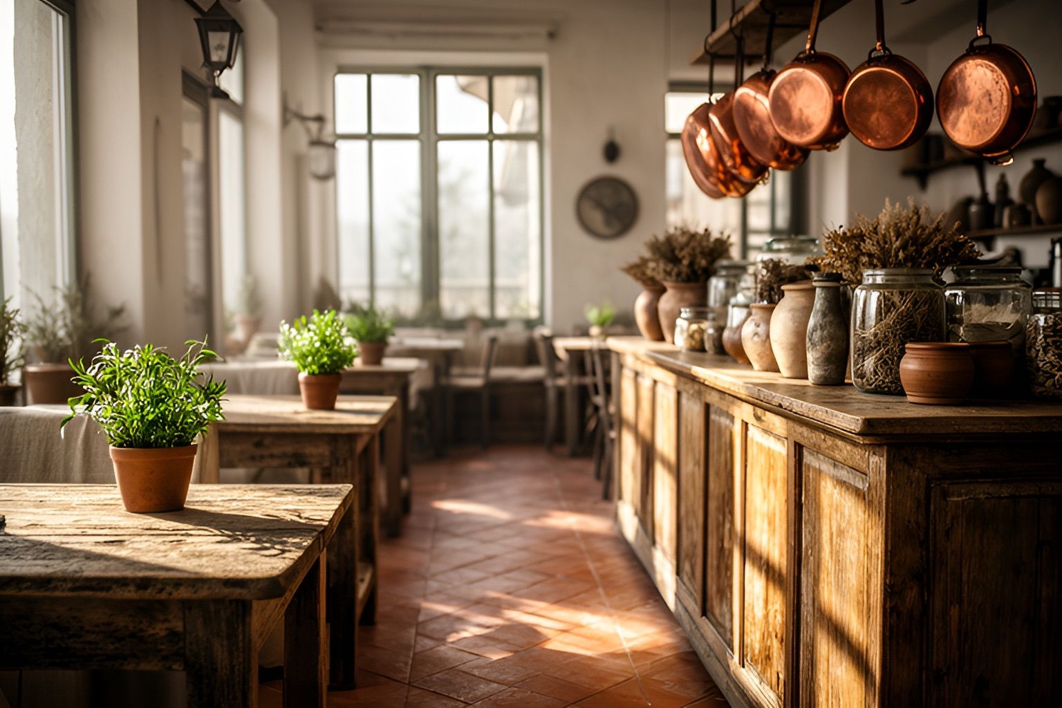 A sunny café with wooden tables, potted herbs and copper pans