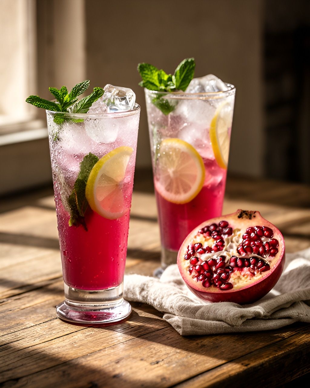 Two glasses of pomegranate lemonade with mint, next to a halved pomegranate