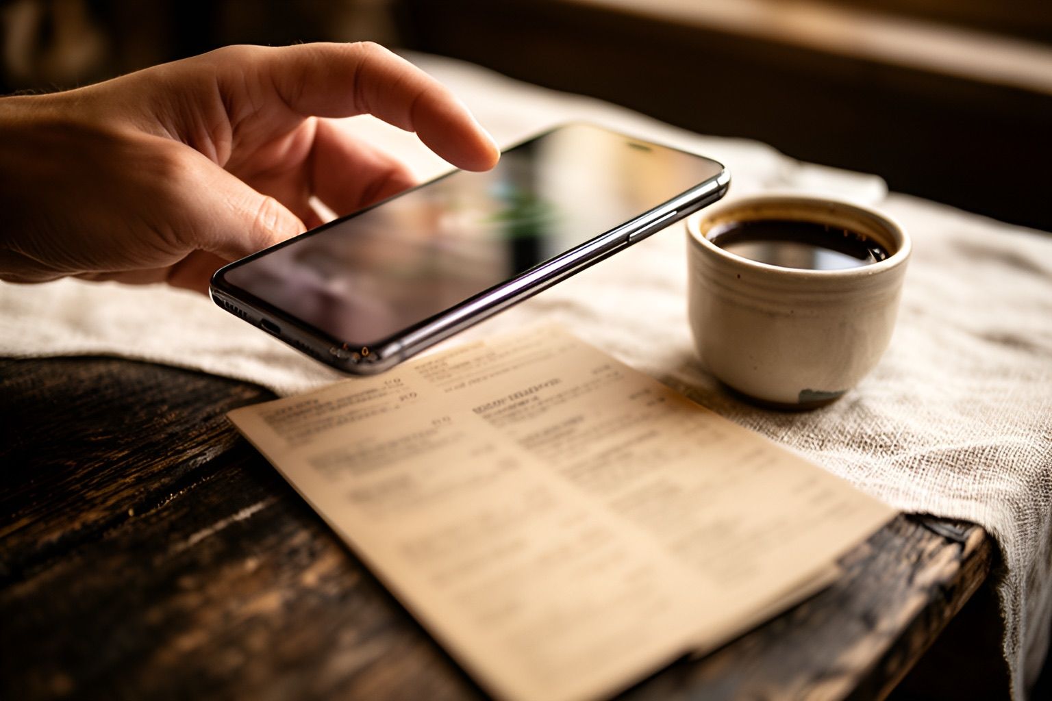 A hand holding a phone above a paper menu on a café table